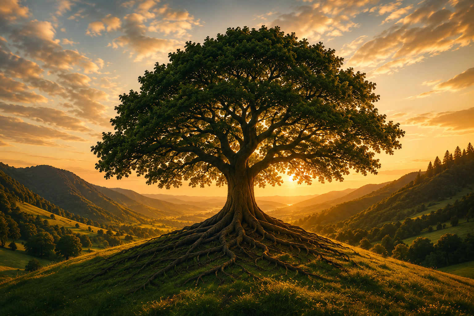 A single tree at golden hour, rooted on a hillside, representing Heavenly Glow Journeys